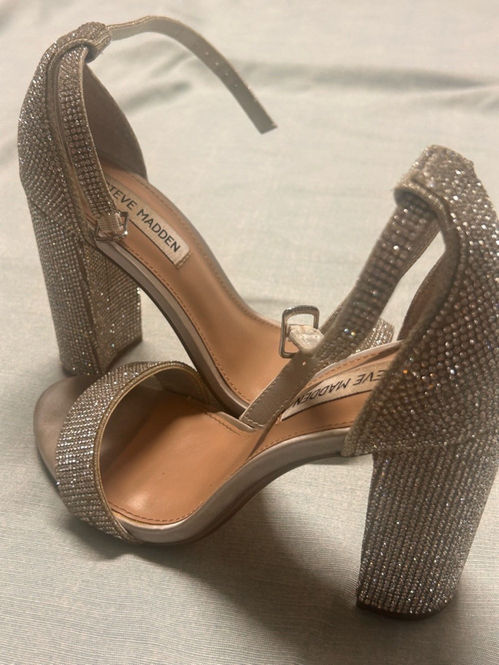 Steve Madden Carrson Crystal Block Heels. Silver